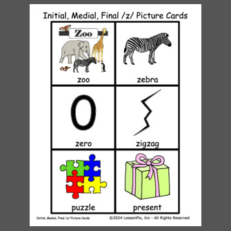 Initial, Medial, Final /z/ Picture Cards