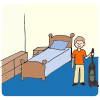 He _______ his room.