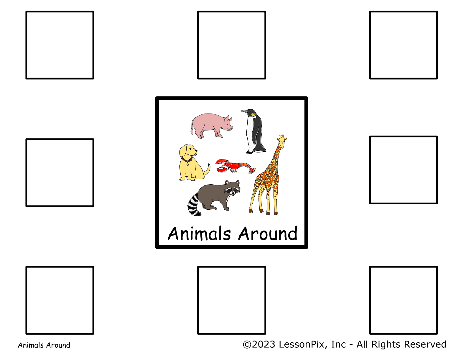 A semantic map with a center picture of animals and 8 blank squares surrounding it