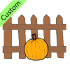 The pumpkin is IN FRONT of the fence.